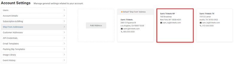 Address with no phone number highlighted on Ship From address page
