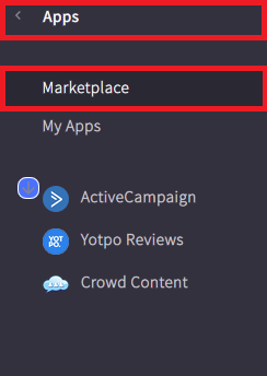 Screenshot of BigCommerce Apps menu in BigCommerce interface with red boxes drawn around "Apps" and "Marketplace" in menu.
