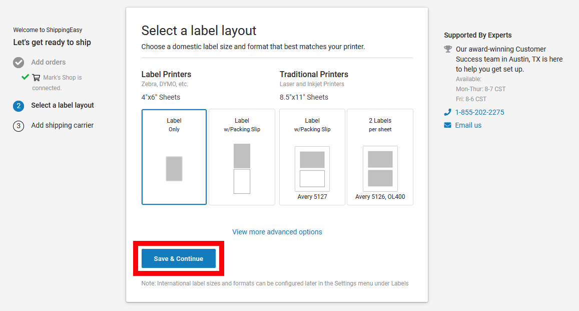 Onboarding label layout. box highlights Save and Continue button