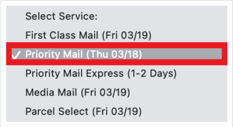 The selected service drop-down is expanded showing a list of available services with the expected delivery date. Priority Mail is highlighted.