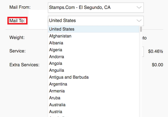 Stamps Mail To menu expanded and highlighted
