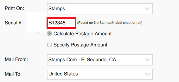 Stamps screen serial number entered and highlighted