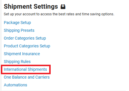 shipment settings then international shipments