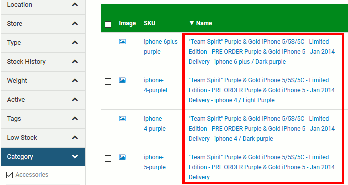 Name column of product catalog marked