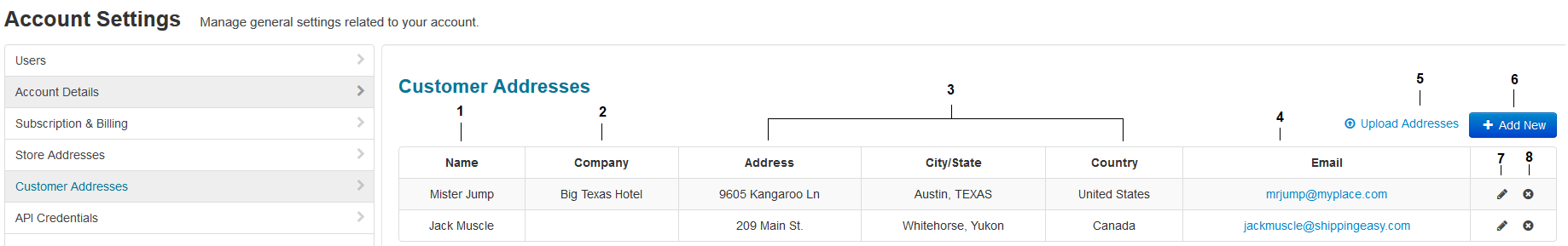 Customer Addresses page annotated for overview article