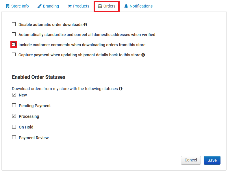 Store page orders tab with include customer comments box checked