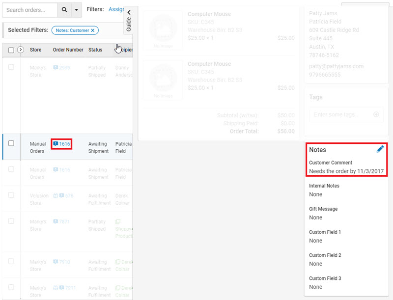 Click on the comment bubble icon to open the Order Details so that you can view the ​Customer Comments​​ located under "Notes".