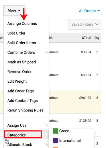 Orders page. Red arrow points from More dropdown menu to the Categorize option