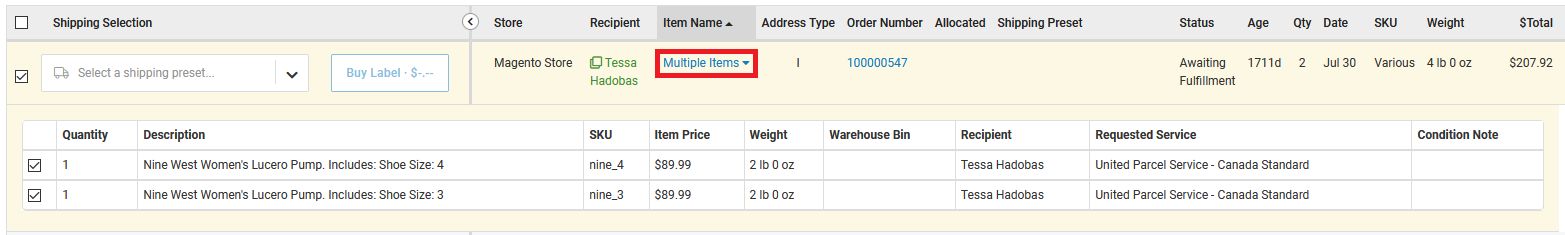 Multiple Items link in Order Details