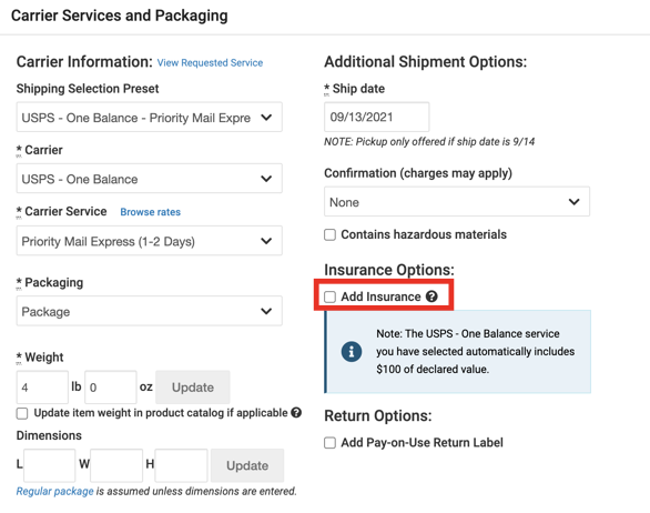 Carrier Services and Packaging form with Add Insurance checkbox highlighted.