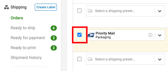Shipping. Orders. Red box highlights checkbox to remove category from an Order