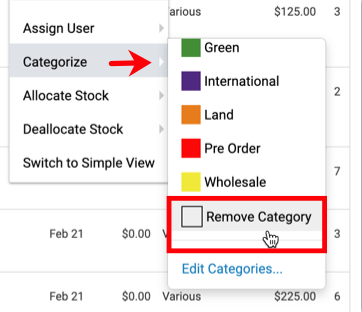 Orders page. Red arrow points from Categorize in More dropdown Menu to Remove Category.