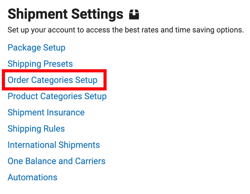 Settings page showing Order Categories Setup highlighted