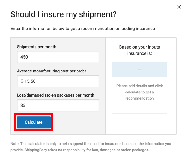 Insurance Calculator form with Calculate button highlighted.