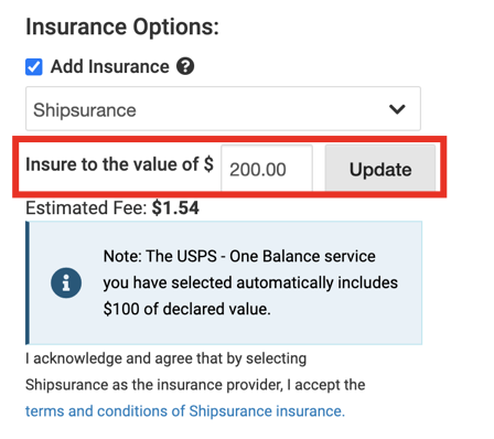 Insurance Options with Insure to the value highlighted.