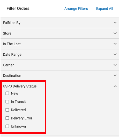 shipment history filters showing Delivery Status marked