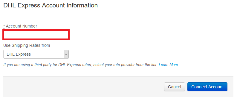 DHL Express Account Information setup window with required Account Number box highlighted