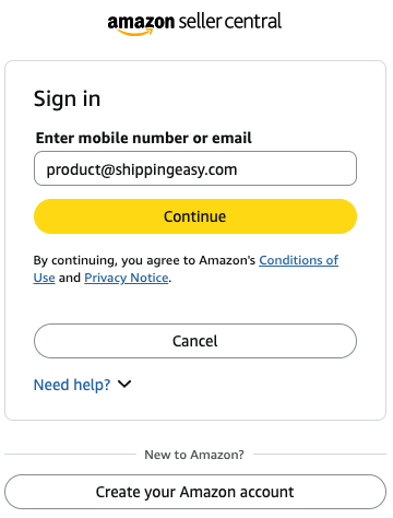 ShippingEasy redirects you to the Amazon Seller Central sign-in page.