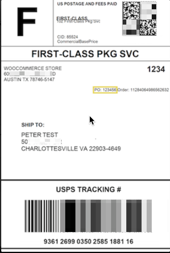 Amazon purchase order number highlighted on FCPS label