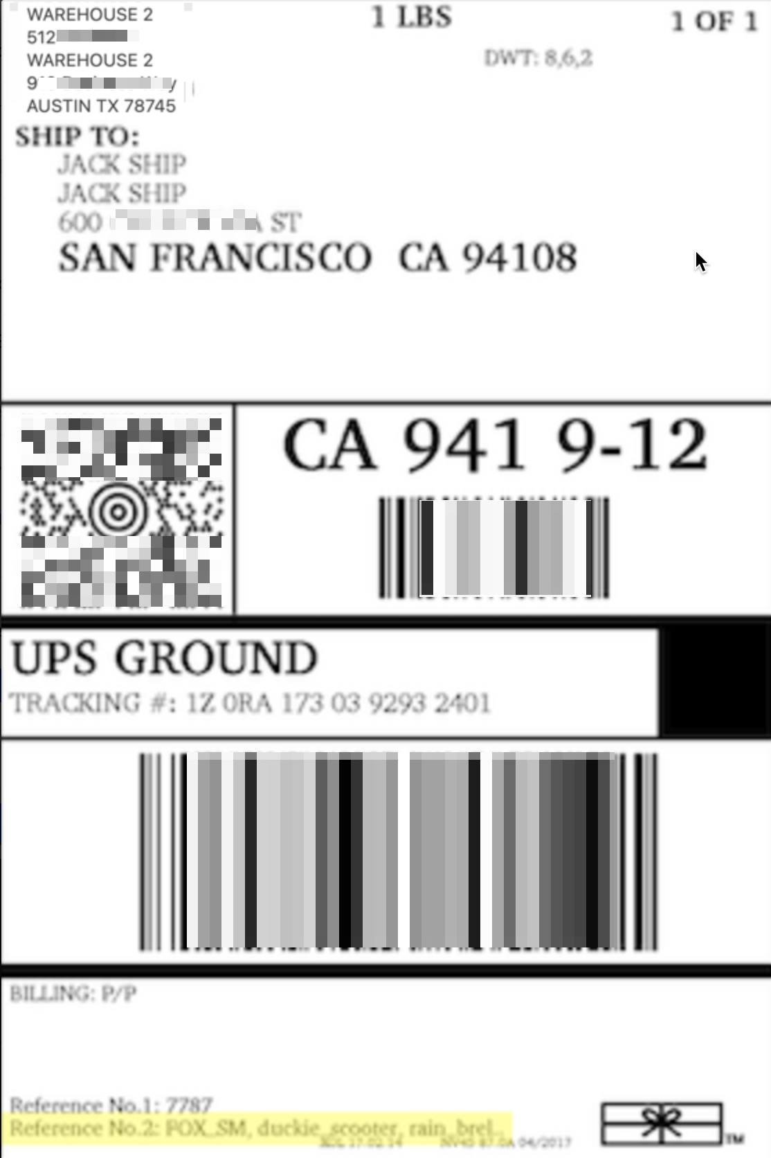 UPS Ground label with item name SKU highlighted