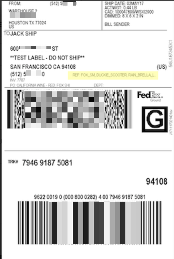 FedEx items skus shown on Ground label