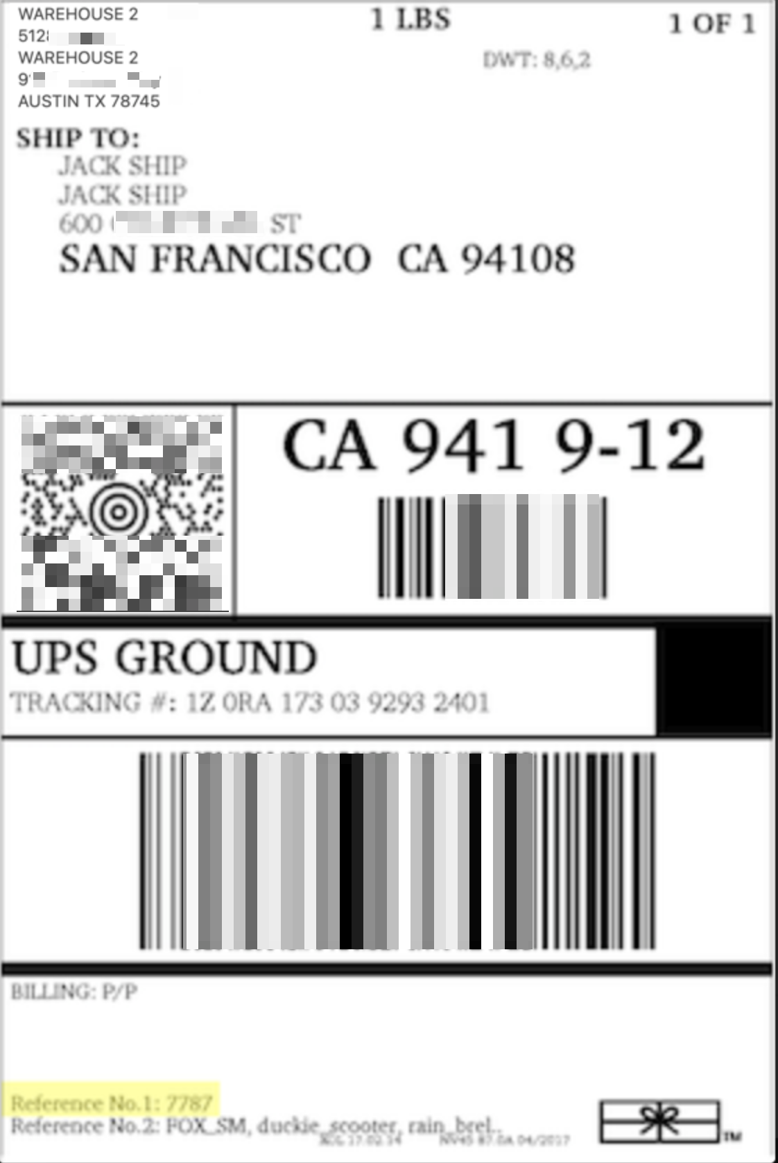 UPS Ground label with Ref 1 number field marked