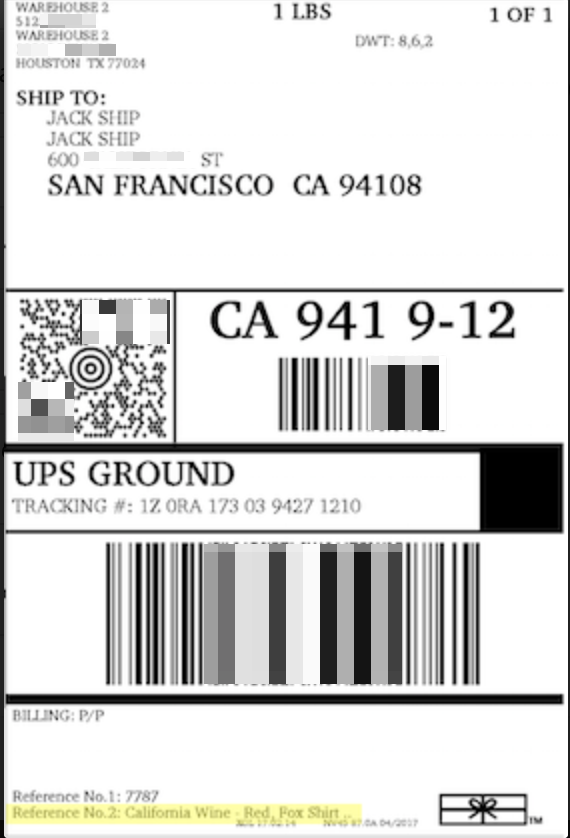 UPS ground label with item name highlighted