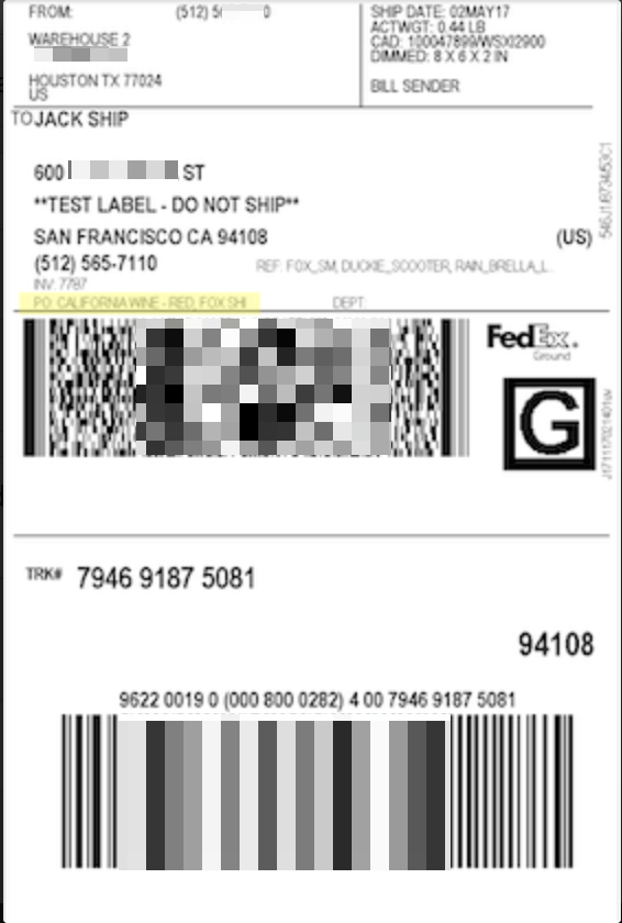 FedEx ground label with PO Field highlighted
