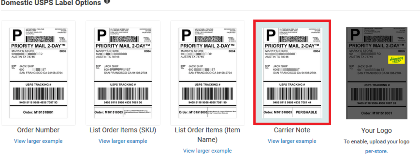 shows domestic label with carrier note