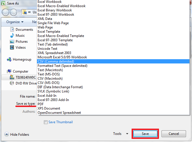 The save as dialog window is open and CSV comma delimited file is selected as the save as type.