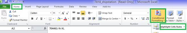 The Excel toolbar is shown and the Home > Conditional Formatting > Highlight Cell Rules option is highlighted.