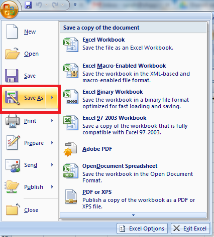 The save as option is highlighted in Excel.
