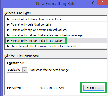 New Format Rule window is open with Format only unique or duplicate values selected. The Format button is highlighted.