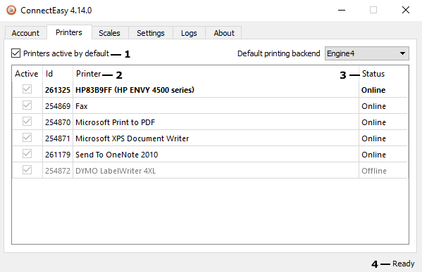 connecteasy for windows popup on printers tab with annotations