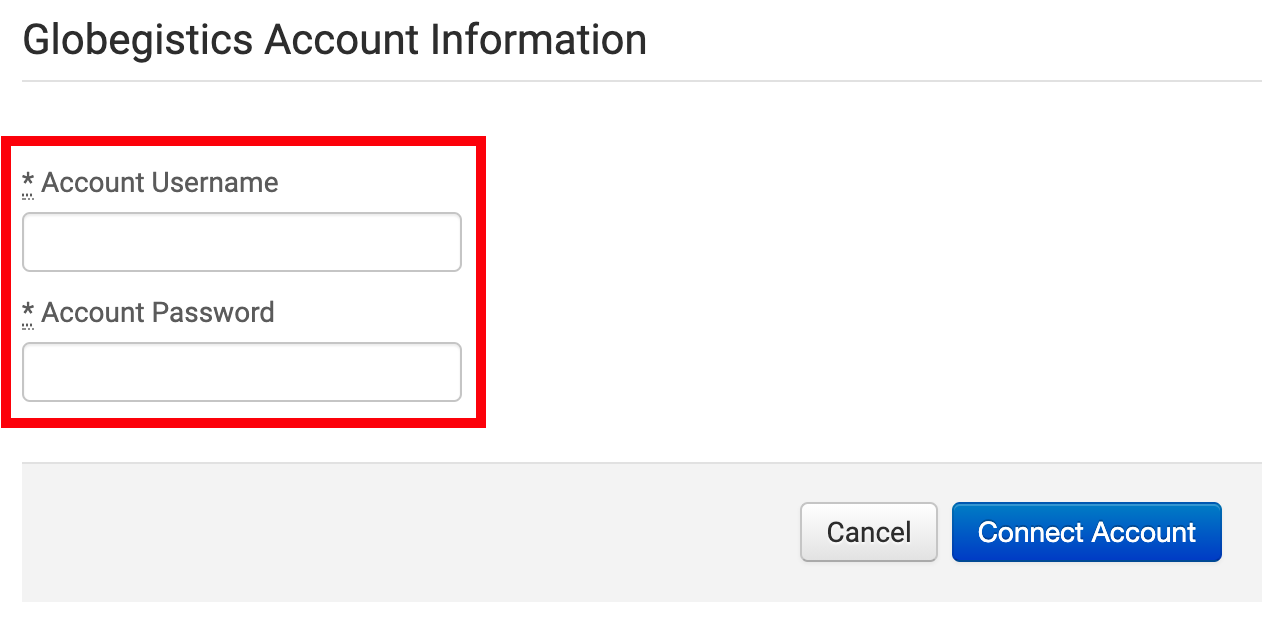 Globegistics Account Information screen with red box drawn around Account Username and Account Password fields.