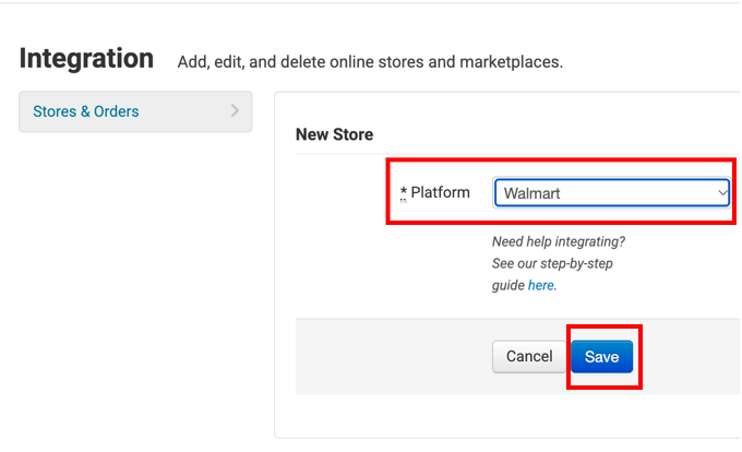 Shows Walmart in dropdown menu, & the Save button marked