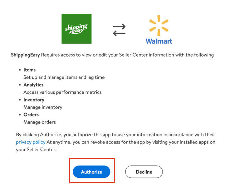 Shows the Authorize button on the Walmart Authorization page.