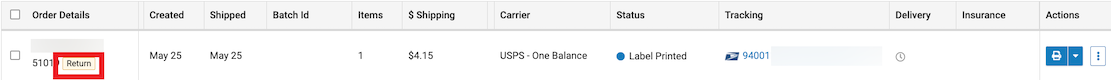 Shipment history showing a prepaid return shipment return marked