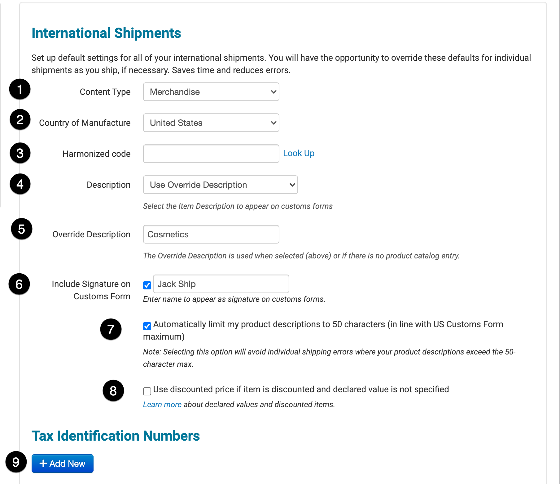 International shipment page annotated