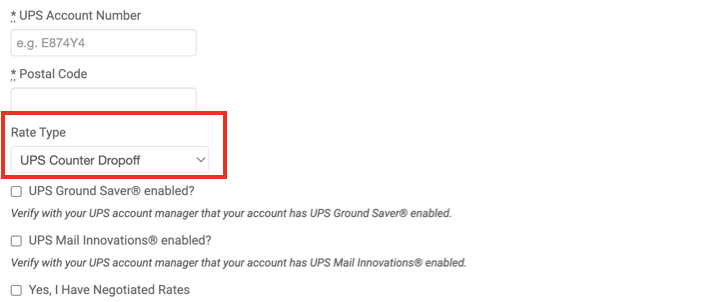 ShippingEasy interface showing the Rate Type dropdown field with "UPS Counter Dropoff" selected, highlighted by a red border.