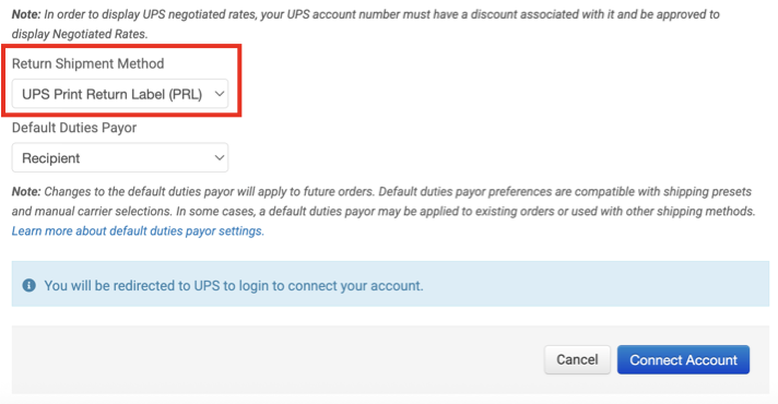 Shows the Return-Shipment-Method dropdown field with UPS Print Return Label - PRL selected, outlined by a box.
