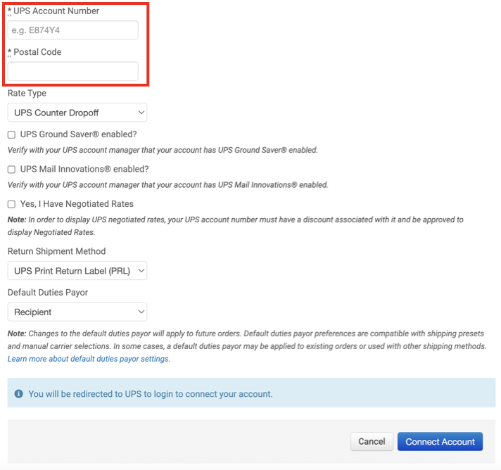 UPS Account info fields for Account number & Zip Code shown marked