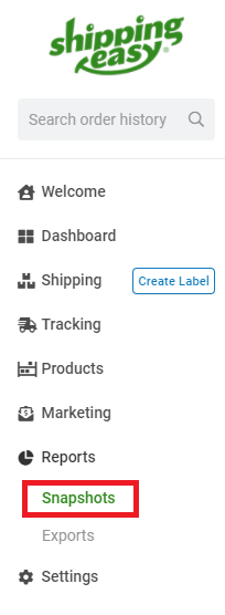 Side navigation option for Reports, then box highlights Snapshots.