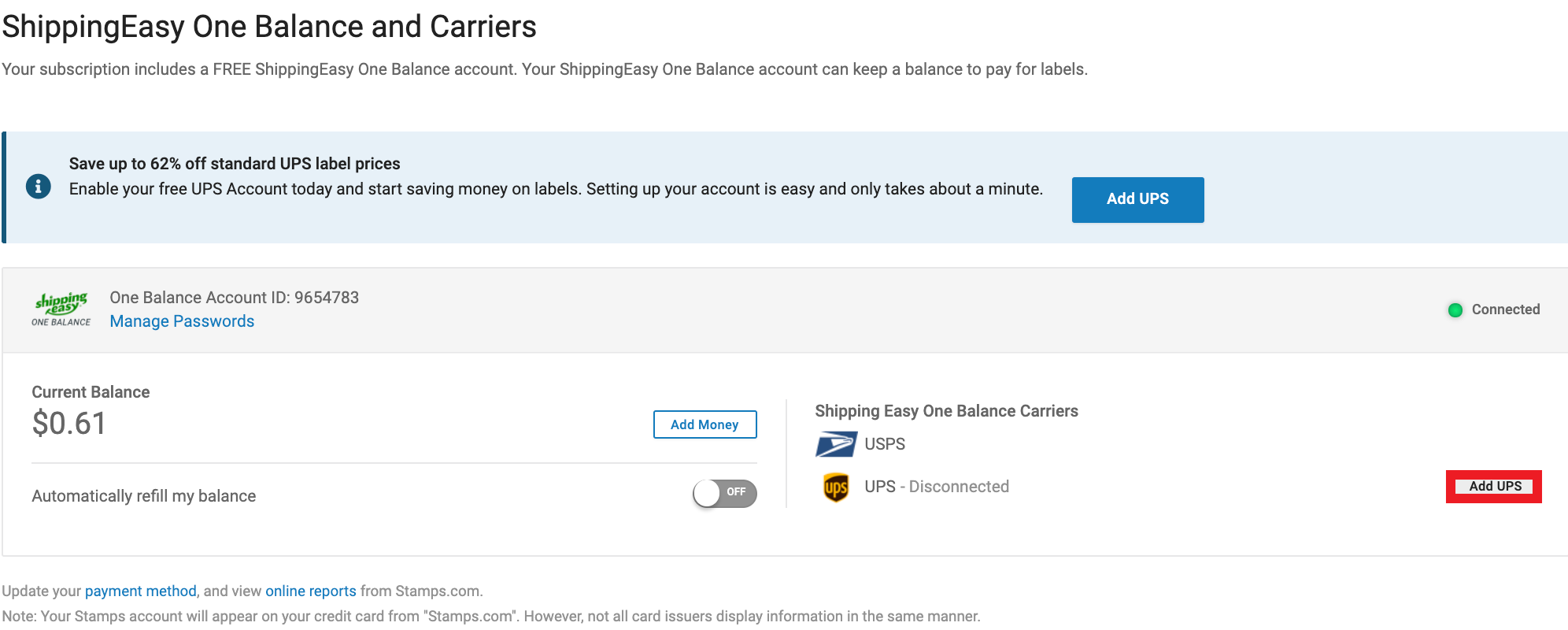 One Balance - Box highlights Add UPS button