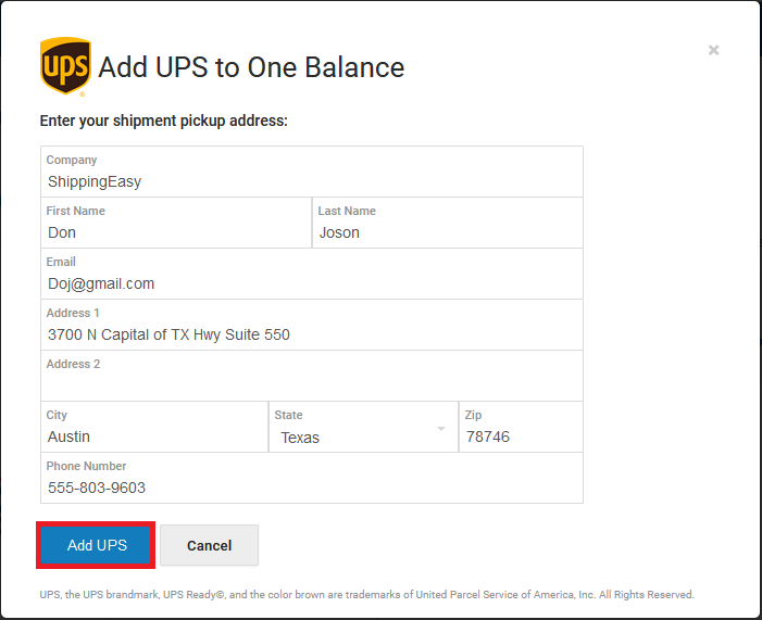 Box highlights Add UPS button