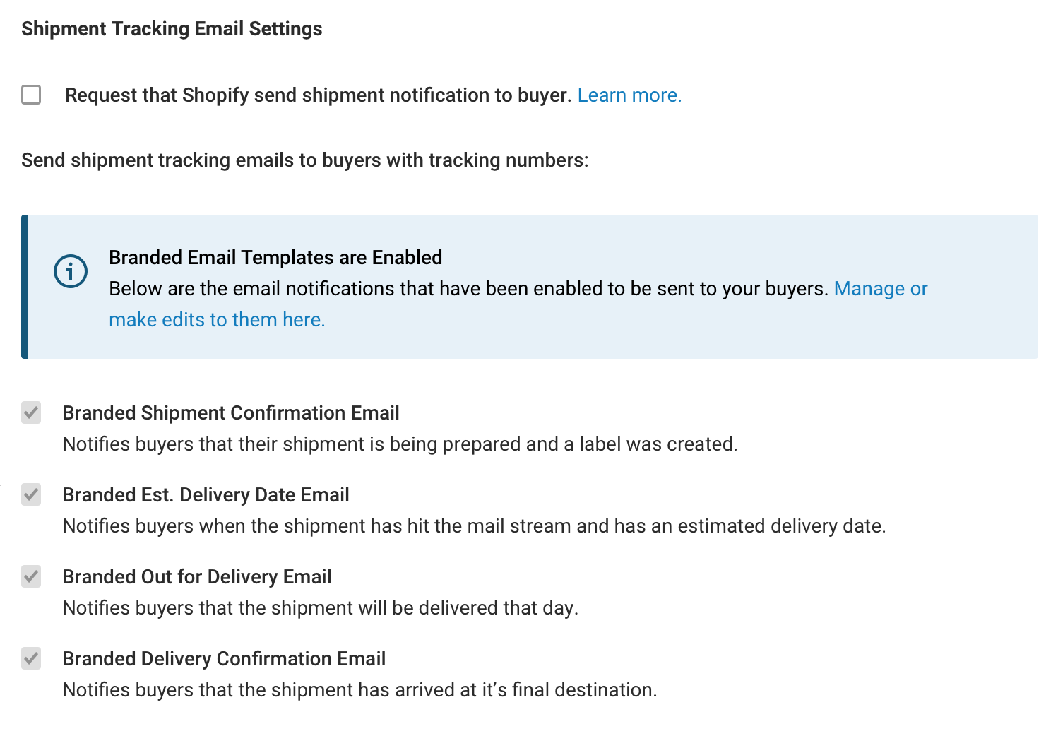 Shipment tracking email settings on Store Notification tab