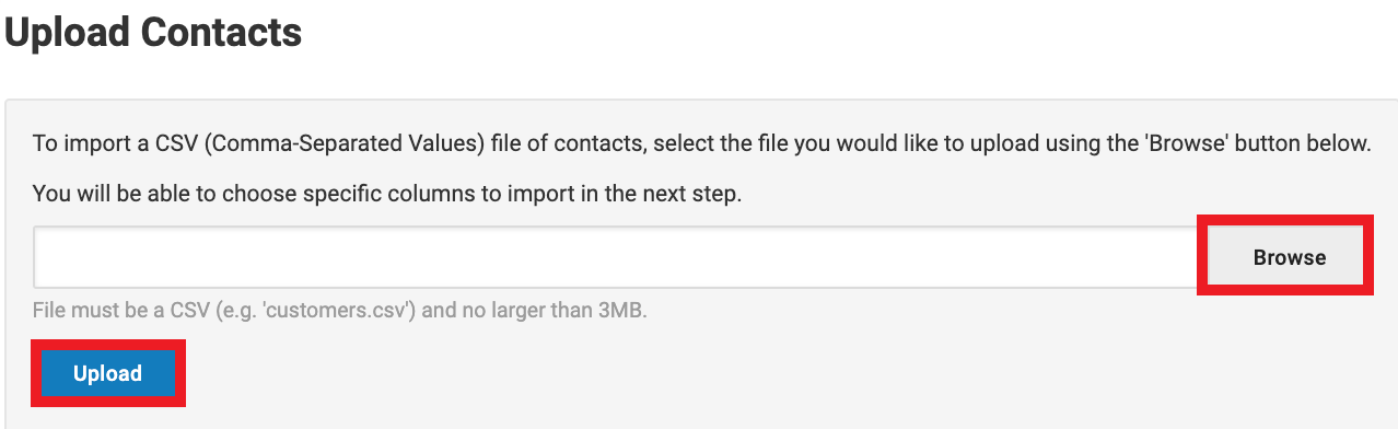 Upload customers, browse and upload marked