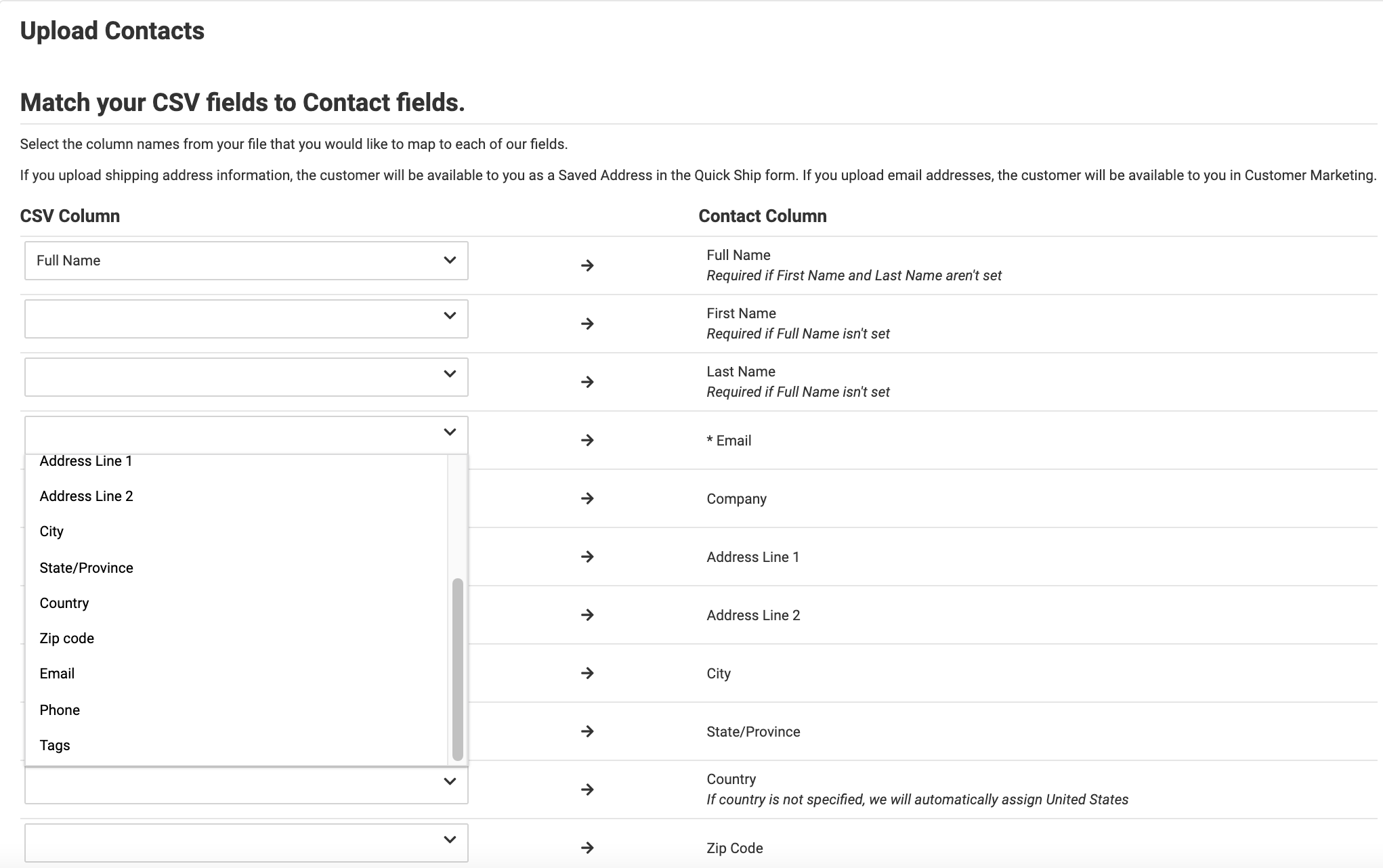Upload Contacts from CSV mapping page