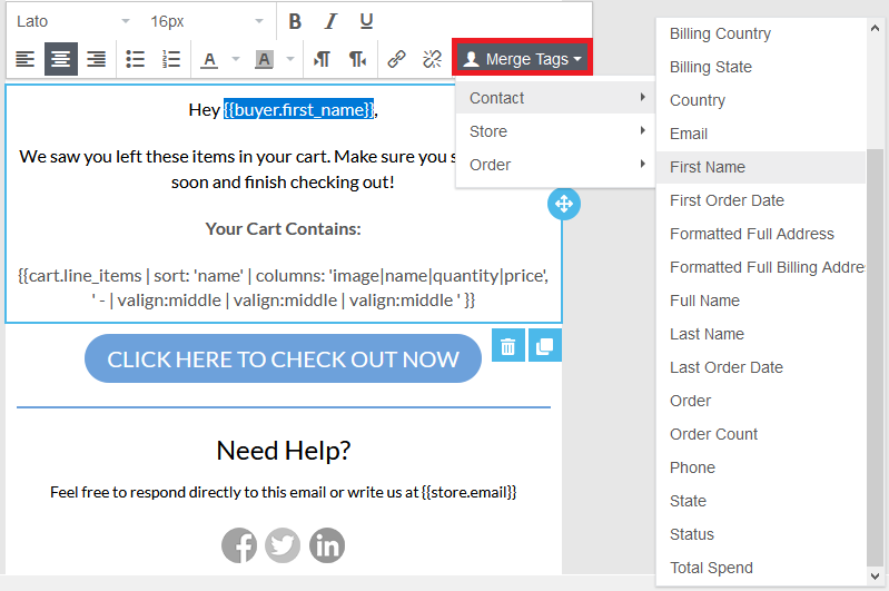merge tags option marked in customize campaign page