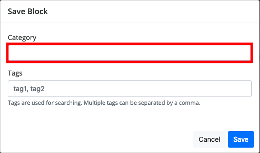Save block pop up with category field marked